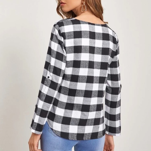 Buffalo plaid notched v neck roll tab long sleeve shirt top red black - Picture 6 of 6